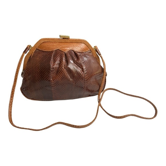 Brown Leather Clutch Snakeskin Shoulder Crossbody Strap Convertible Clutch 1980s - Picture 1 of 15